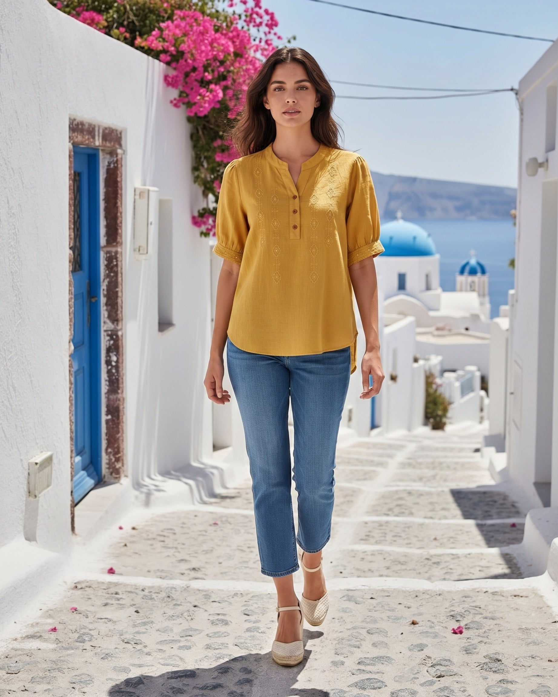 Roas Blouse - Stand-Collar Linen in YELLOW - outdoor 1