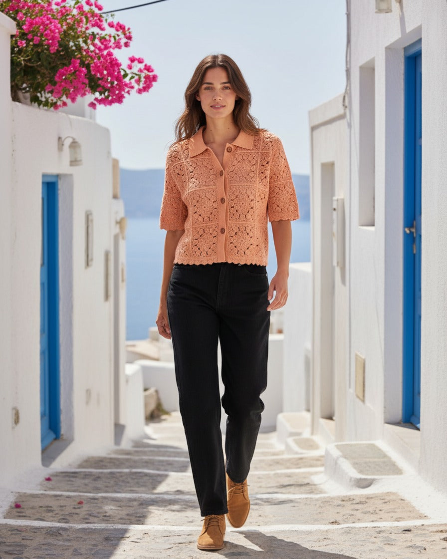 Riven Cardigan in APRICOT - outdoor 1