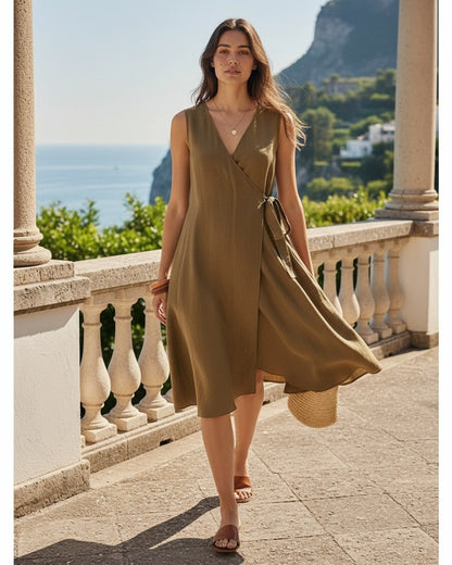 Yael Dress - Linen in Khaki - outdoor 1
