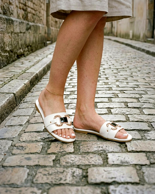Edith Sandals - Round-Toe Leather in WHITE