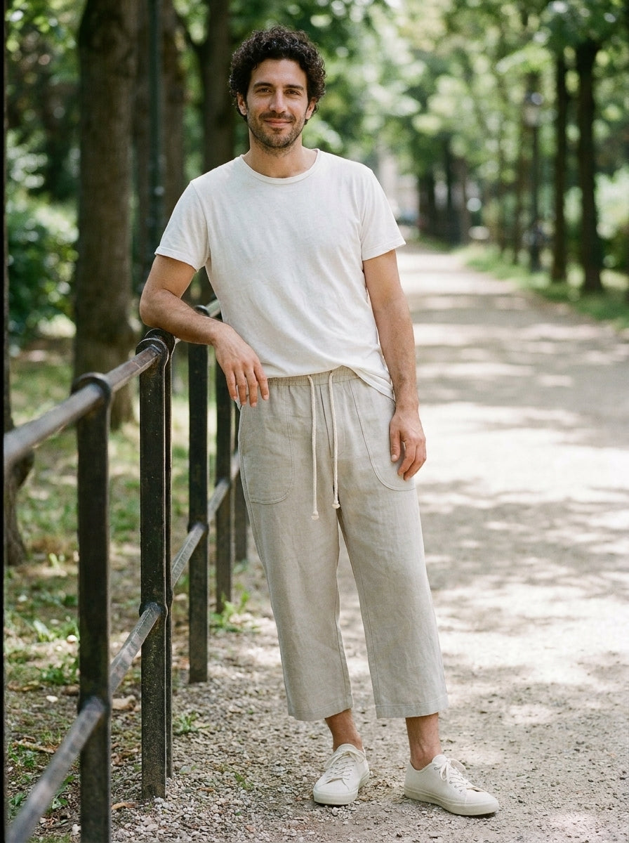 Yukio Trousers - Cropped Drawstring - Beige White