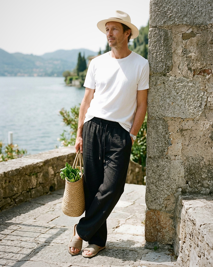 Stone Trousers - Relaxed Straight-Leg Linen in Black - outdoor 1 black
