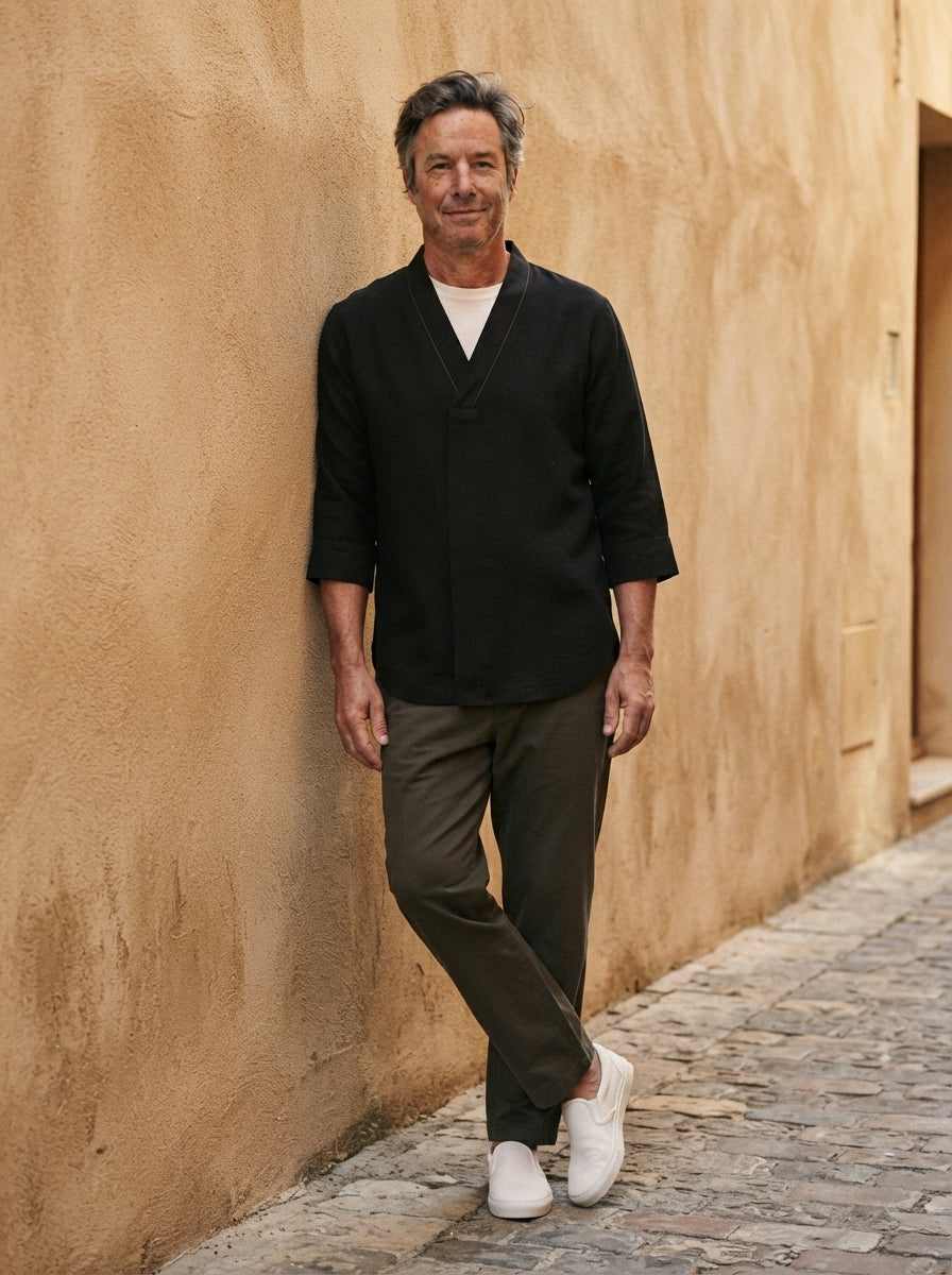 Takuma Kimono Shirt - Crossover Collar - Black