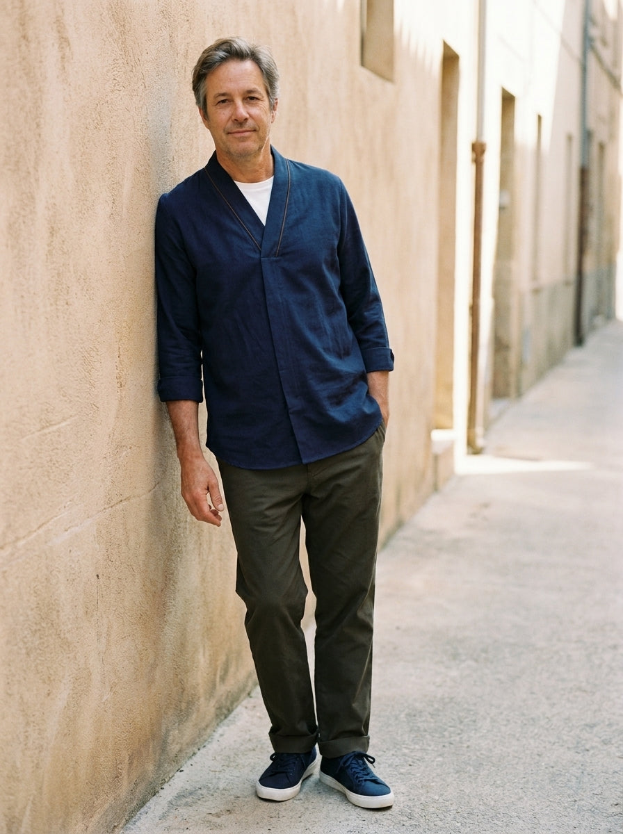Takuma Kimono Shirt - Crossover Collar - Blue