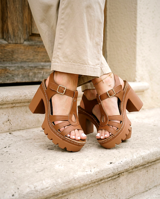 Mathilde Sandals - Block-Heel Leather in Brown