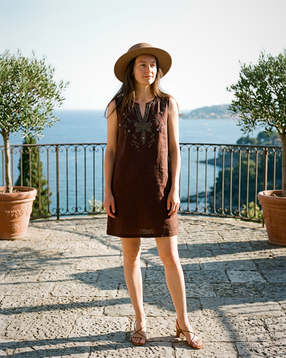 Renata Dress - Zip Linen in Brown