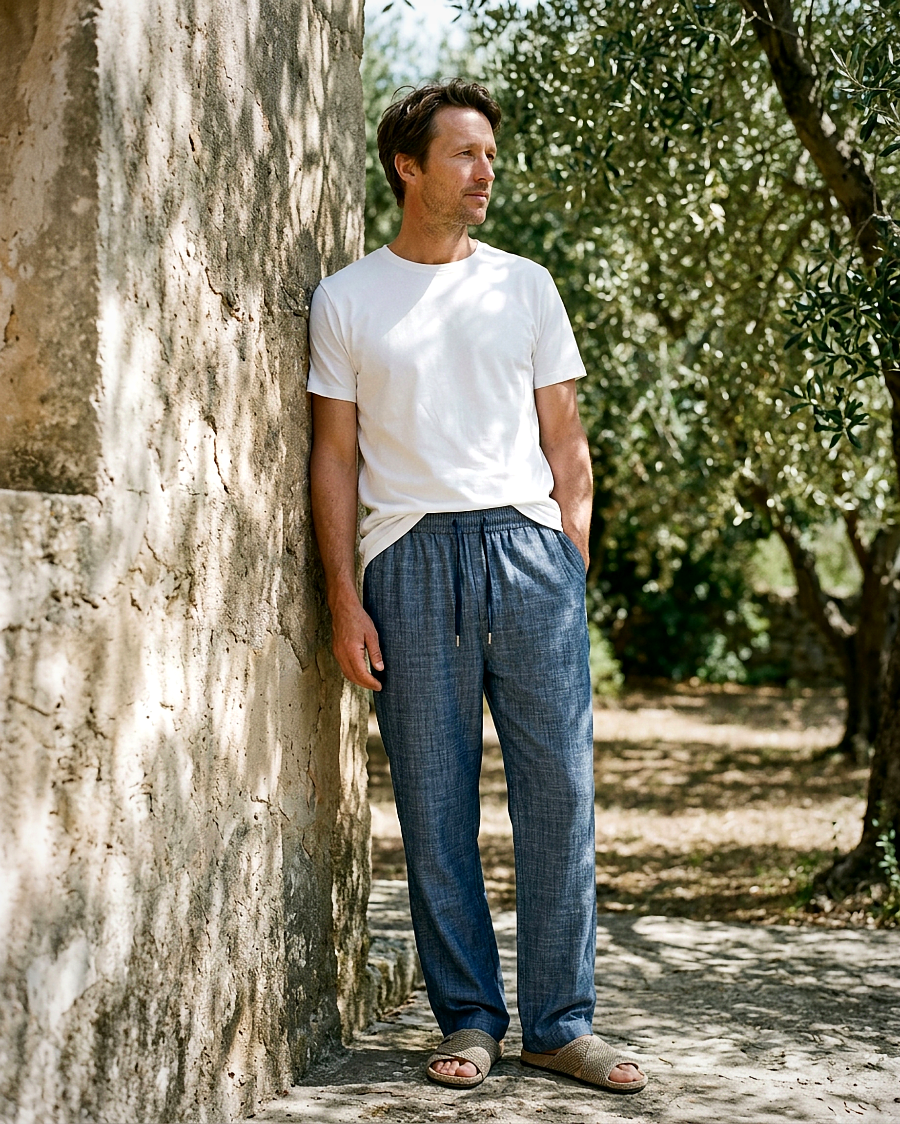 Stone Trousers - Relaxed Straight-Leg Linen in Denim blue - outdoor 1