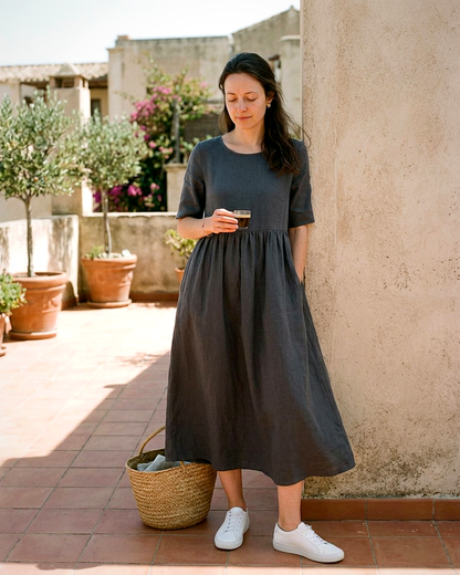 Odette Dress - Relaxed Linen in Dark Grey