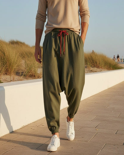 Jaan Trousers - Relaxed Wide-Leg Linen in Army Green - outdoor 1