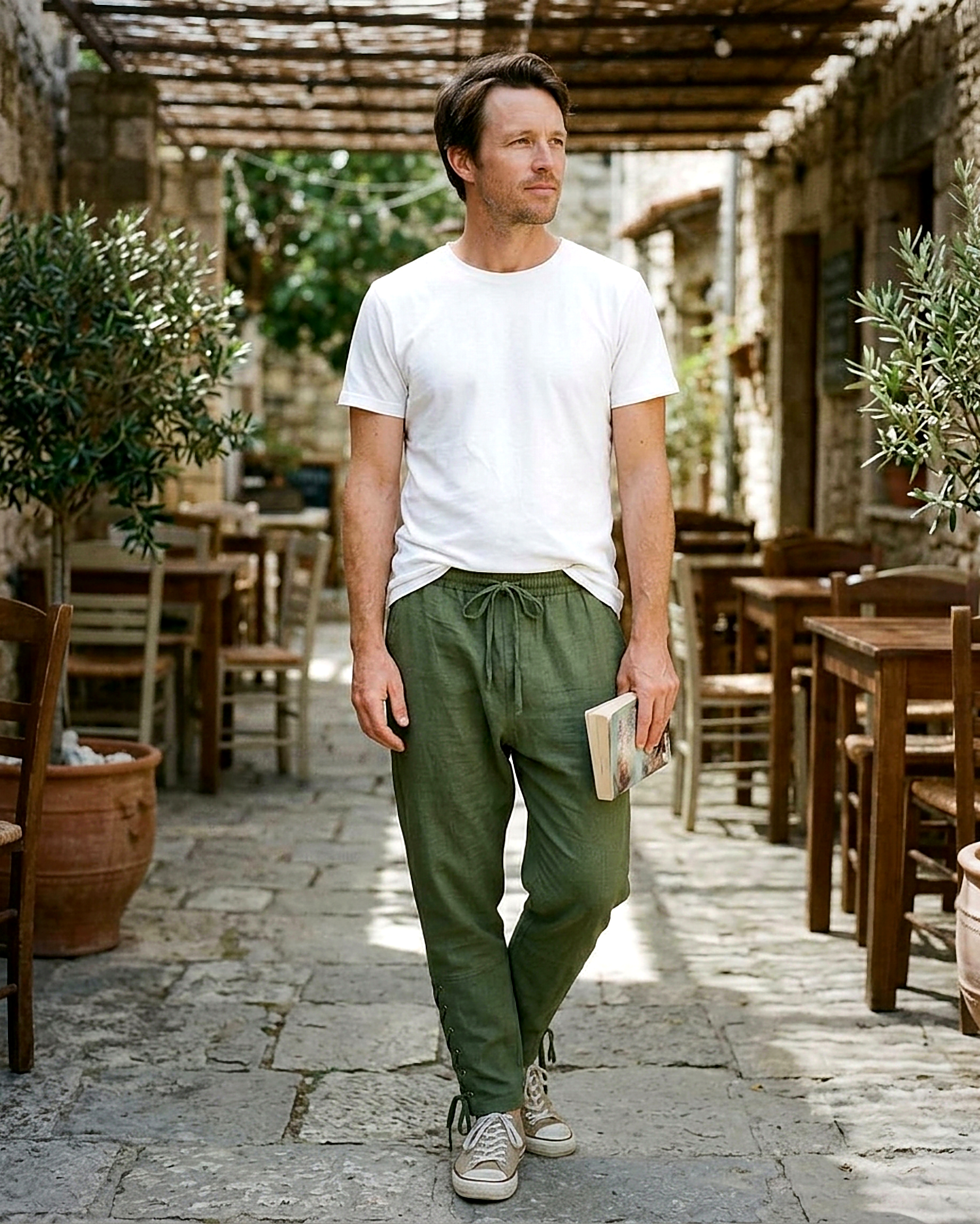 Marsh Trousers - Relaxed Linen in Green - outdoor 1 green