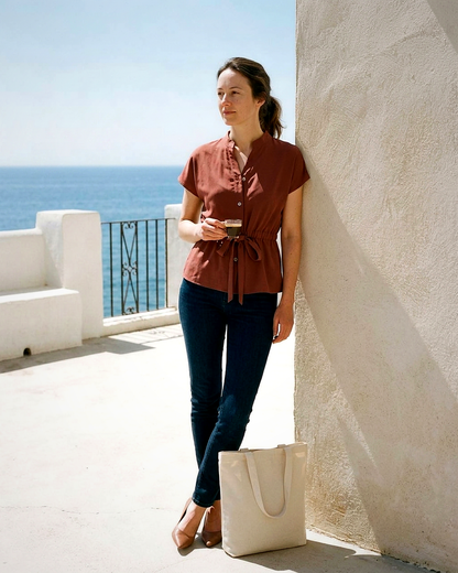 Tabitha Blouse - Relaxed Stand-Collar in Red Shirt