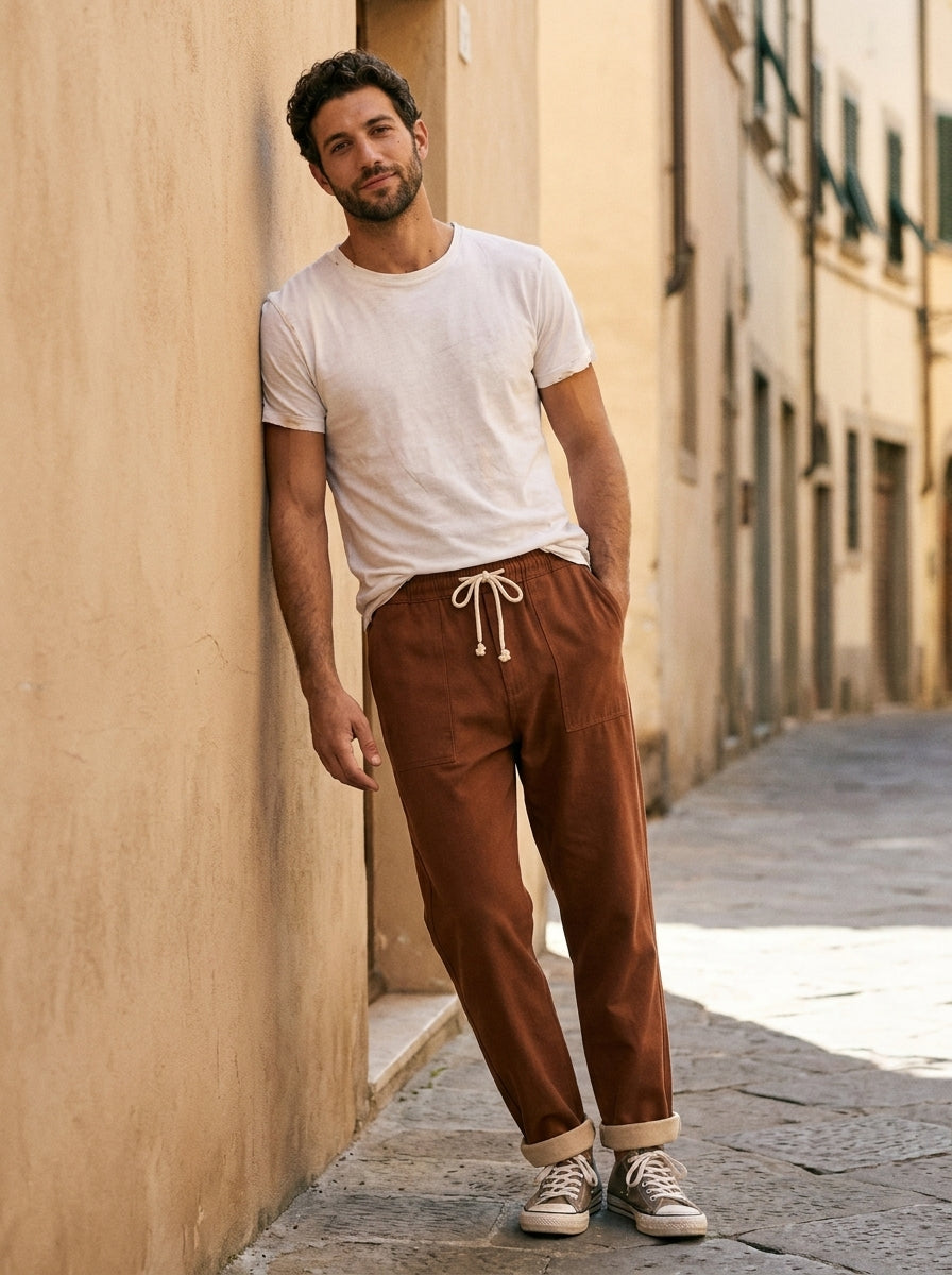 Hiroshi Trousers - Tailored Drawstring - Red Brown