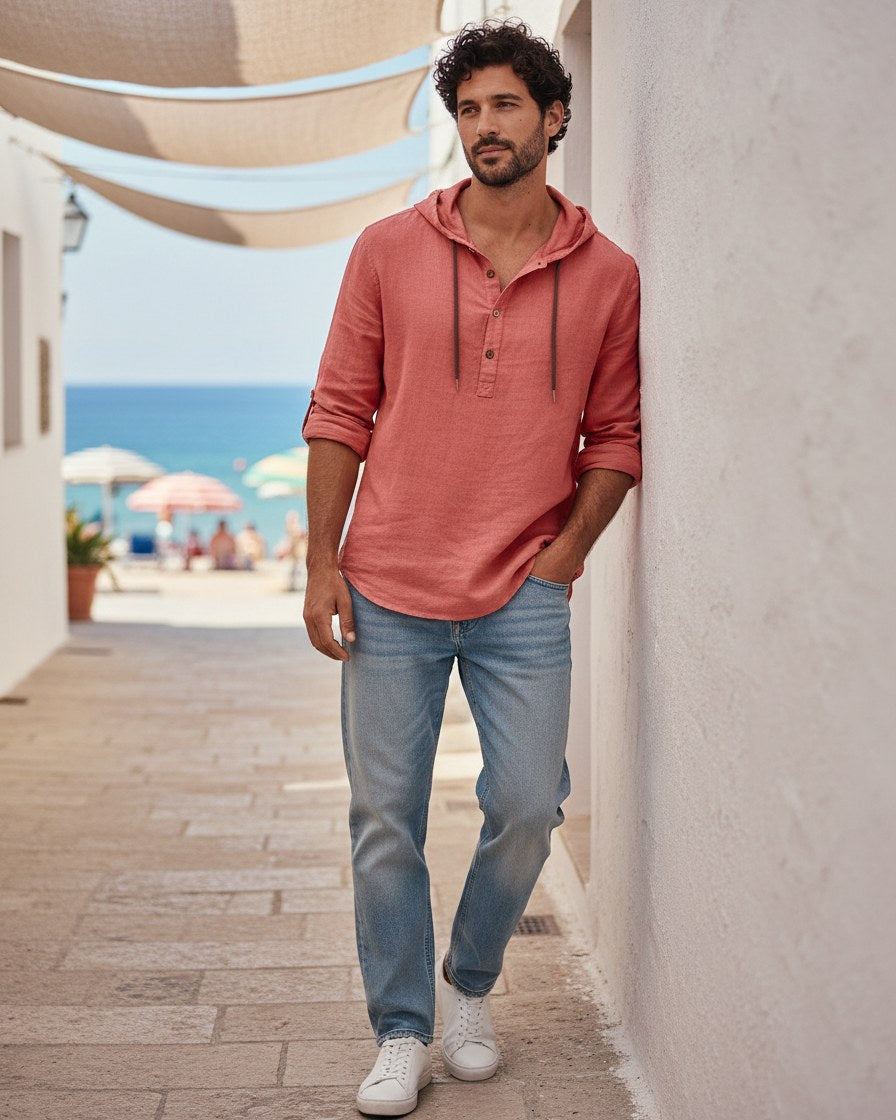 Ivo Shirt - Relaxed Linen in Red - outdoor 2