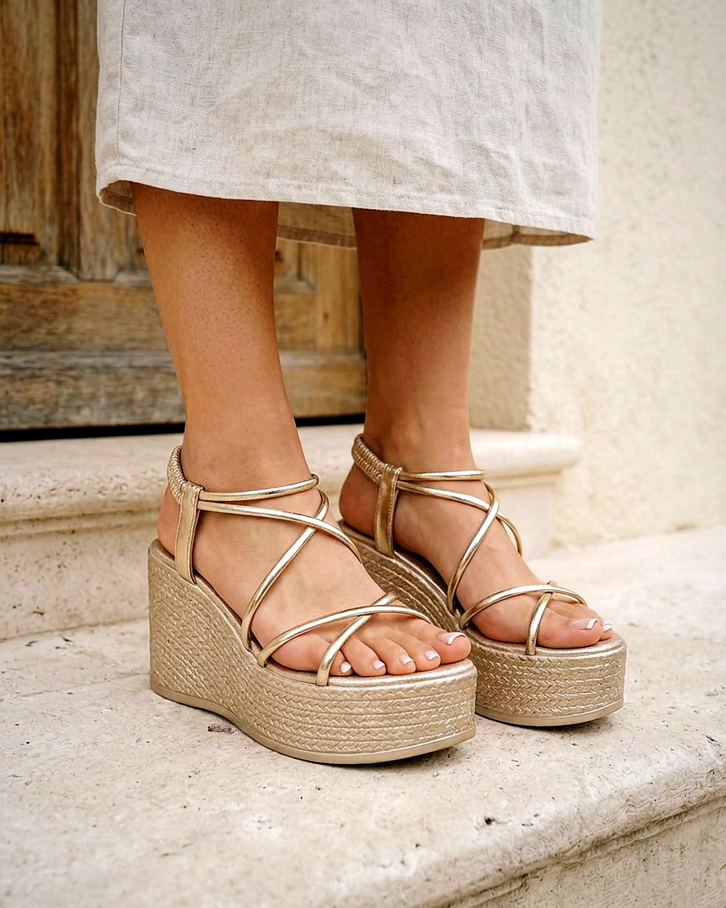 Estelle Sandals - Platform in Gold - outdoor 2