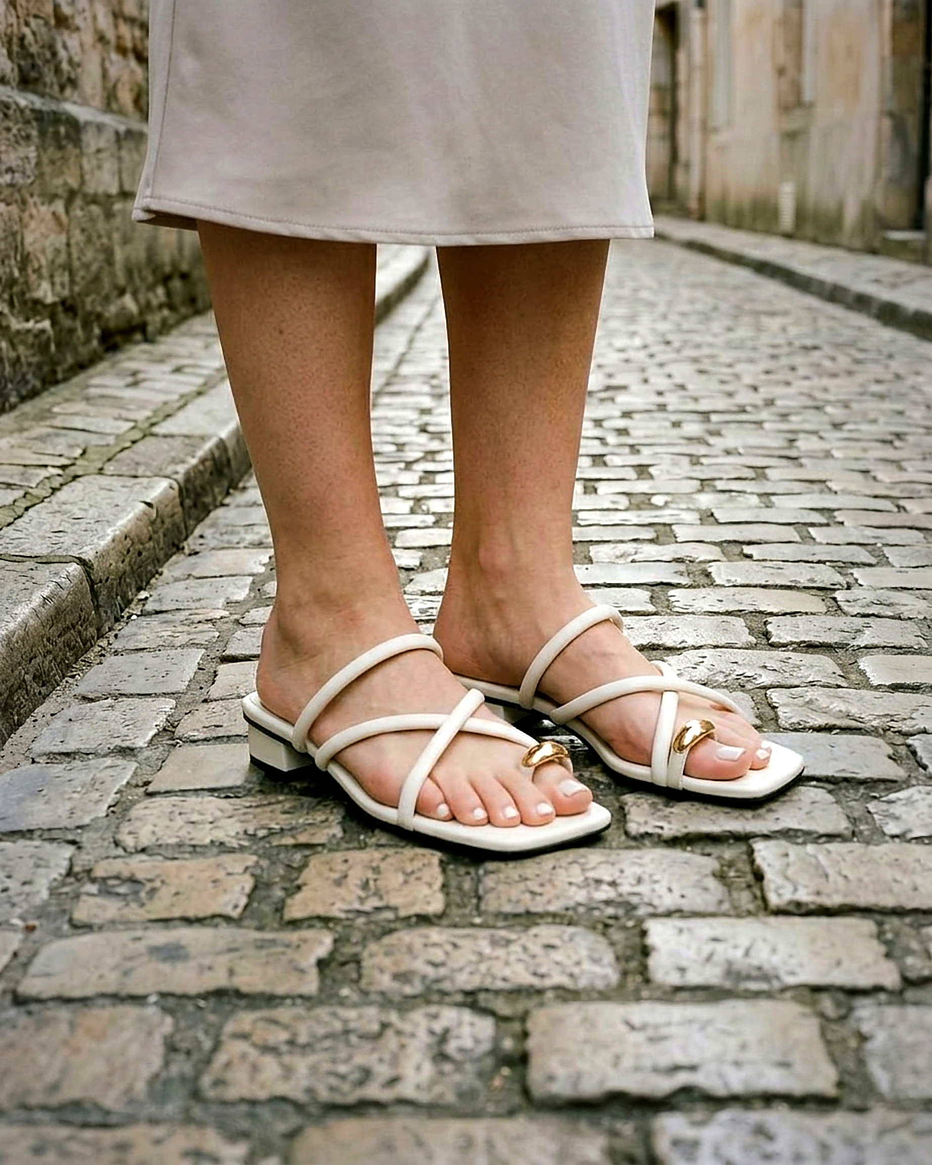 Odette Sandals - Square-Toe Block-Heel Strappy Leather in WHITE - outdoor 2