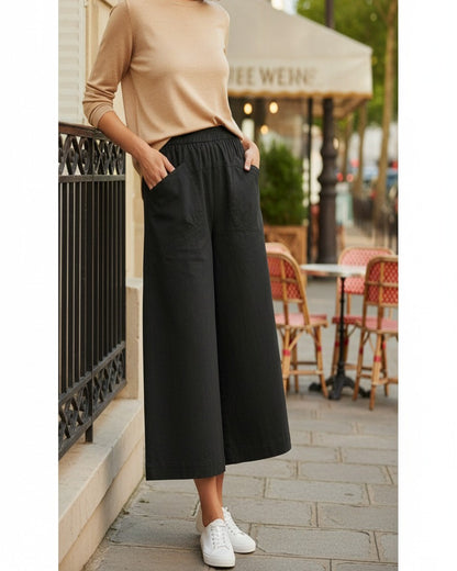Uran Trousers - Relaxed Wide-Leg High-Waist Linen in Black - outdoor 2