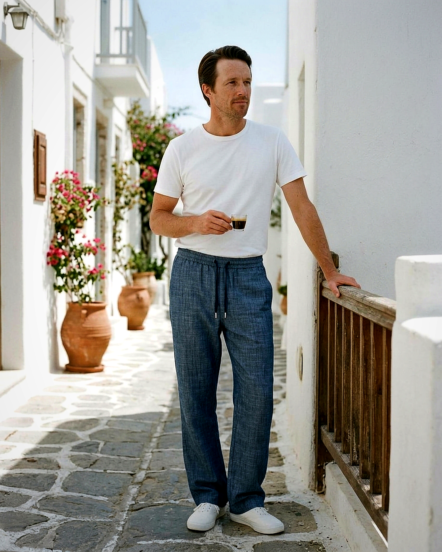 Stone Trousers - Relaxed Straight-Leg Linen in Denim blue - outdoor 2