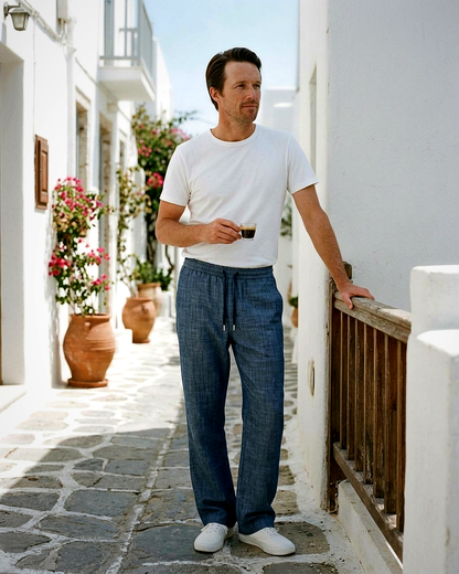 Stone Trousers - Relaxed Straight-Leg Linen in Denim blue - outdoor 2