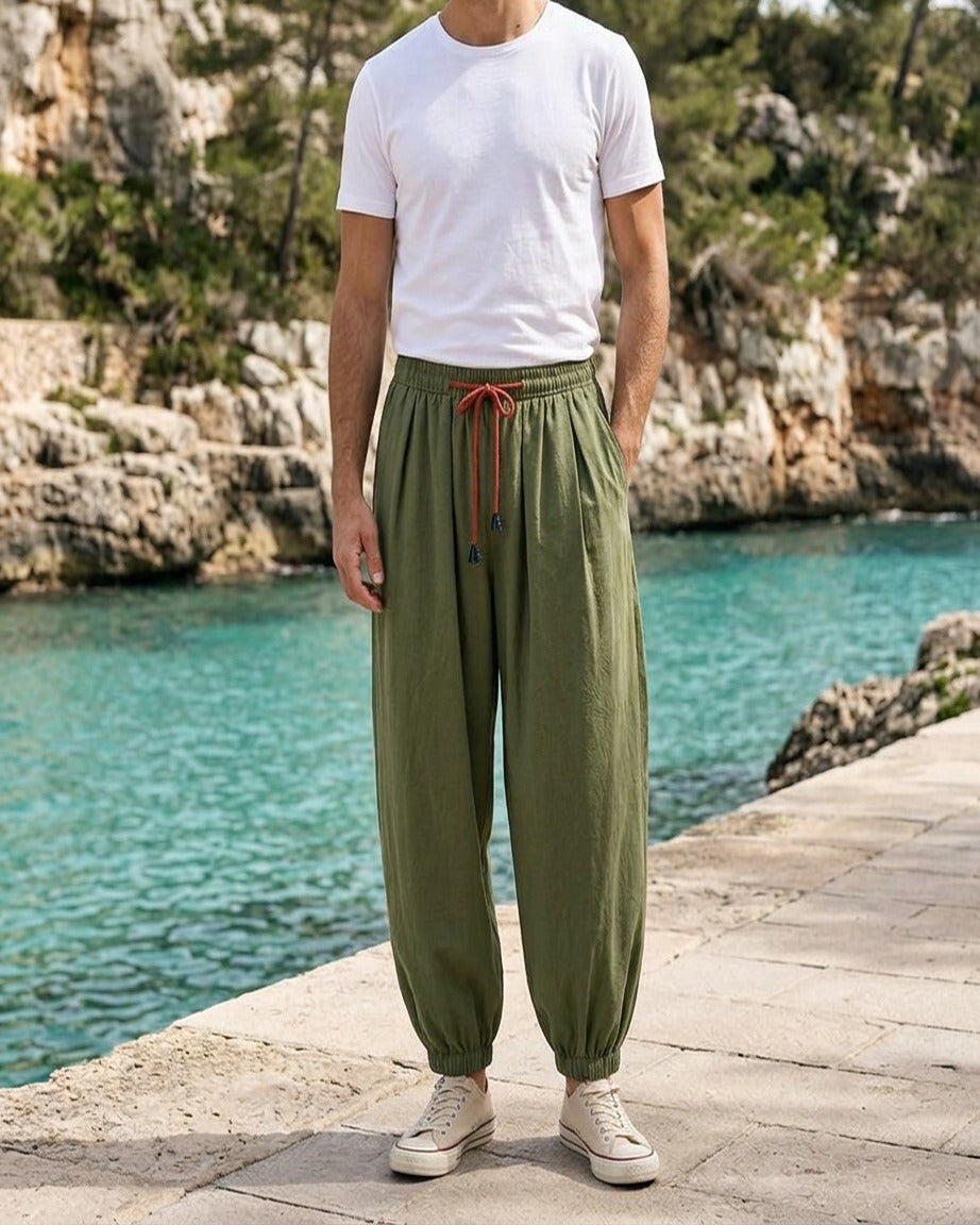 Jaan Trousers - Relaxed Linen in army green - outdoor 2