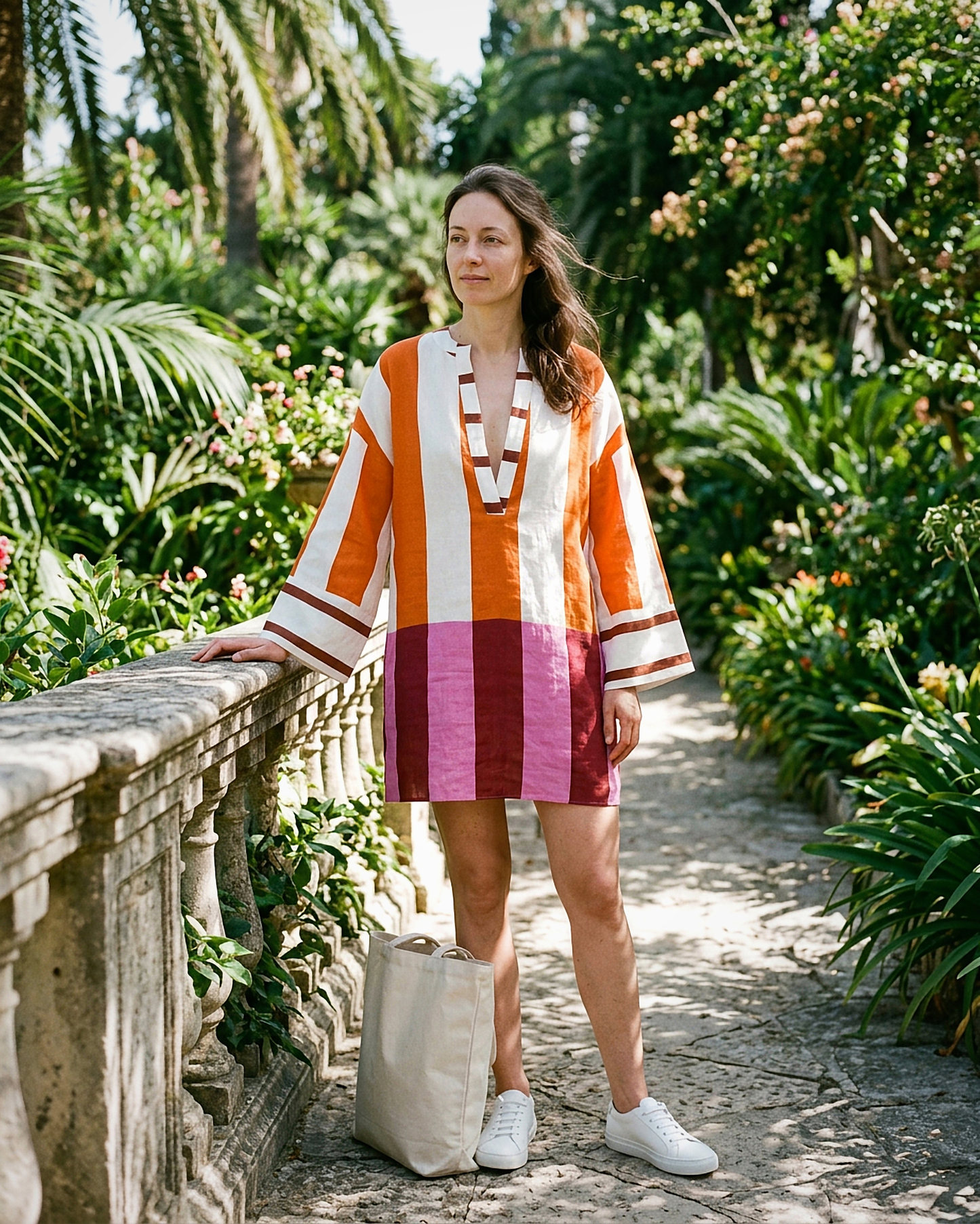 Anouk Dress - Relaxed Linen in Striped Print - outdoor 2