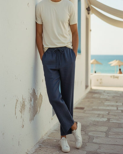 Lars Trousers - Relaxed Linen in Dark Blue - outdoor 2