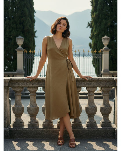 Yael Dress - Linen in Khaki - outdoor 2