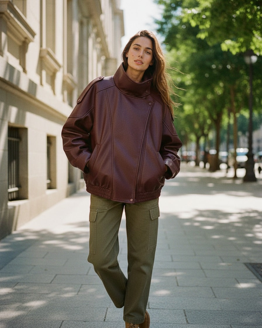 Wren Jacket - Relaxed Faux Leather in Burgundy - outdoor 2
