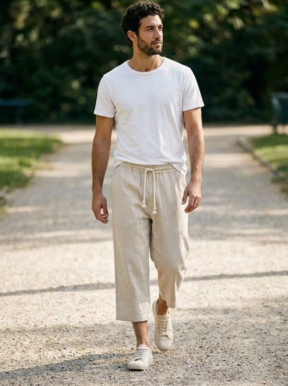 Yukio Trousers - Cropped Drawstring - Beige White