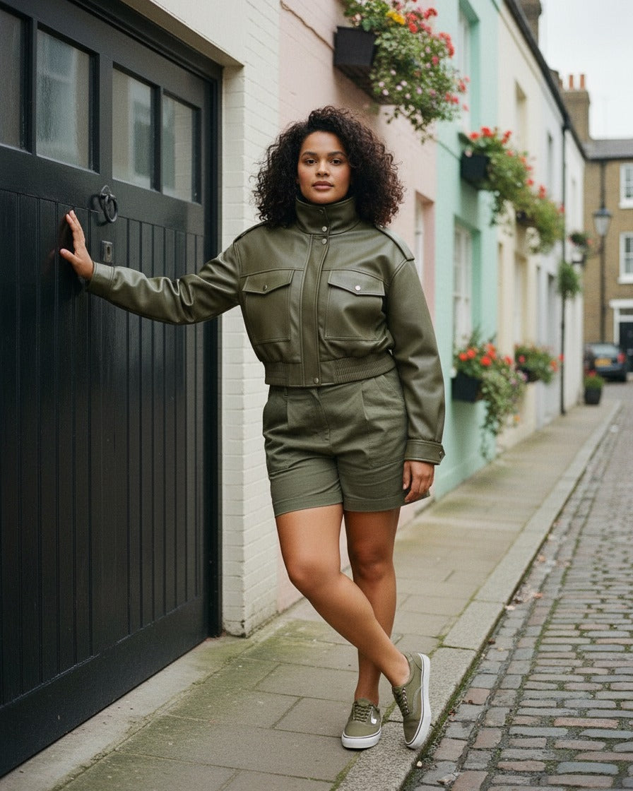 Ugo Jacket - Zip Faux Leather in Khaki - outdoor 2