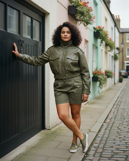 Ugo Jacket - Zip Faux Leather in Khaki - outdoor 2