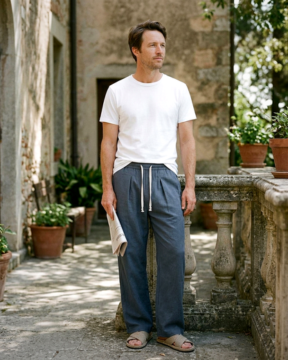 Harbor Trousers - Relaxed Wide-Leg Linen in Navy Blue - outdoor 2