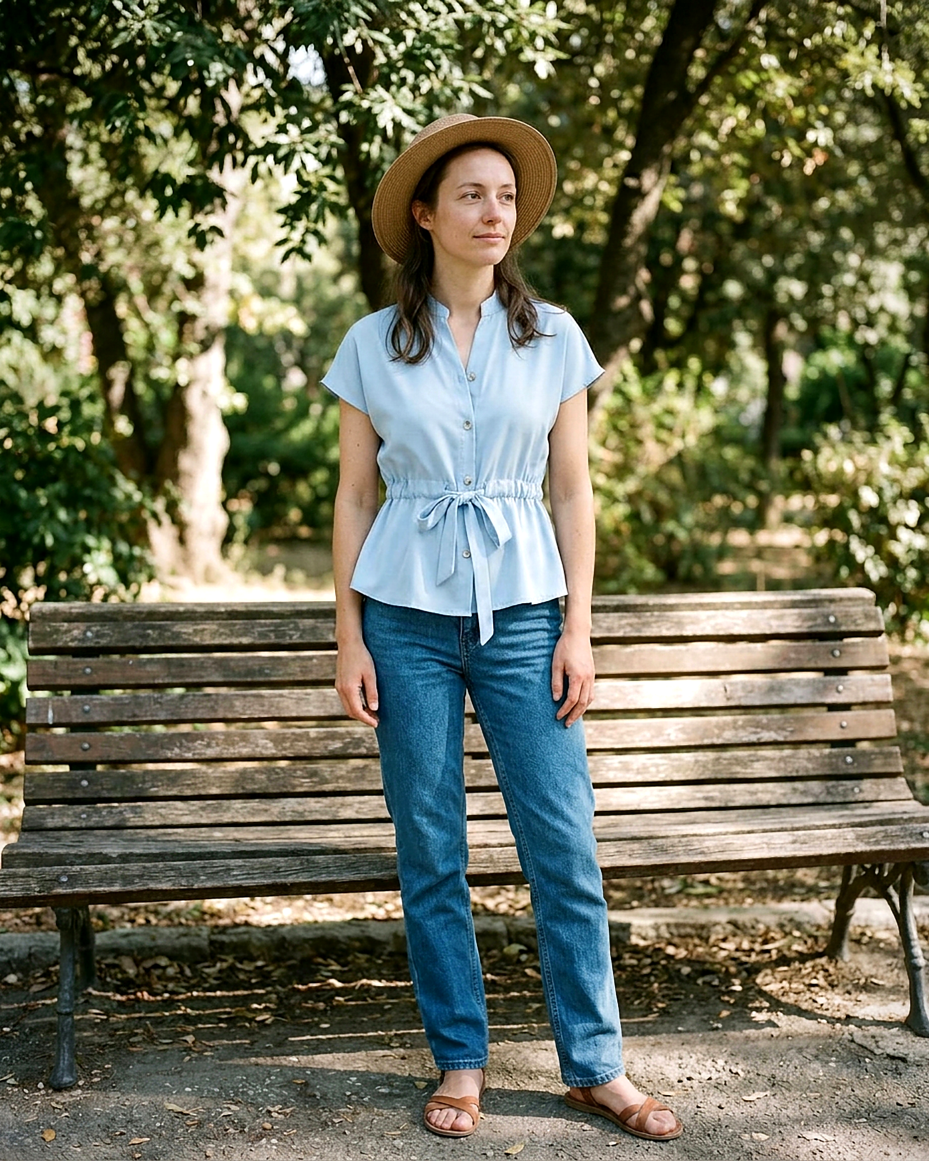 Tabitha Blouse - Relaxed Stand-Collar in Blue Shirt - outdoor 2