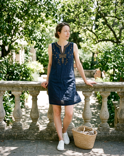 Renata Dress - Zip Linen in Navy blue - outdoor 2