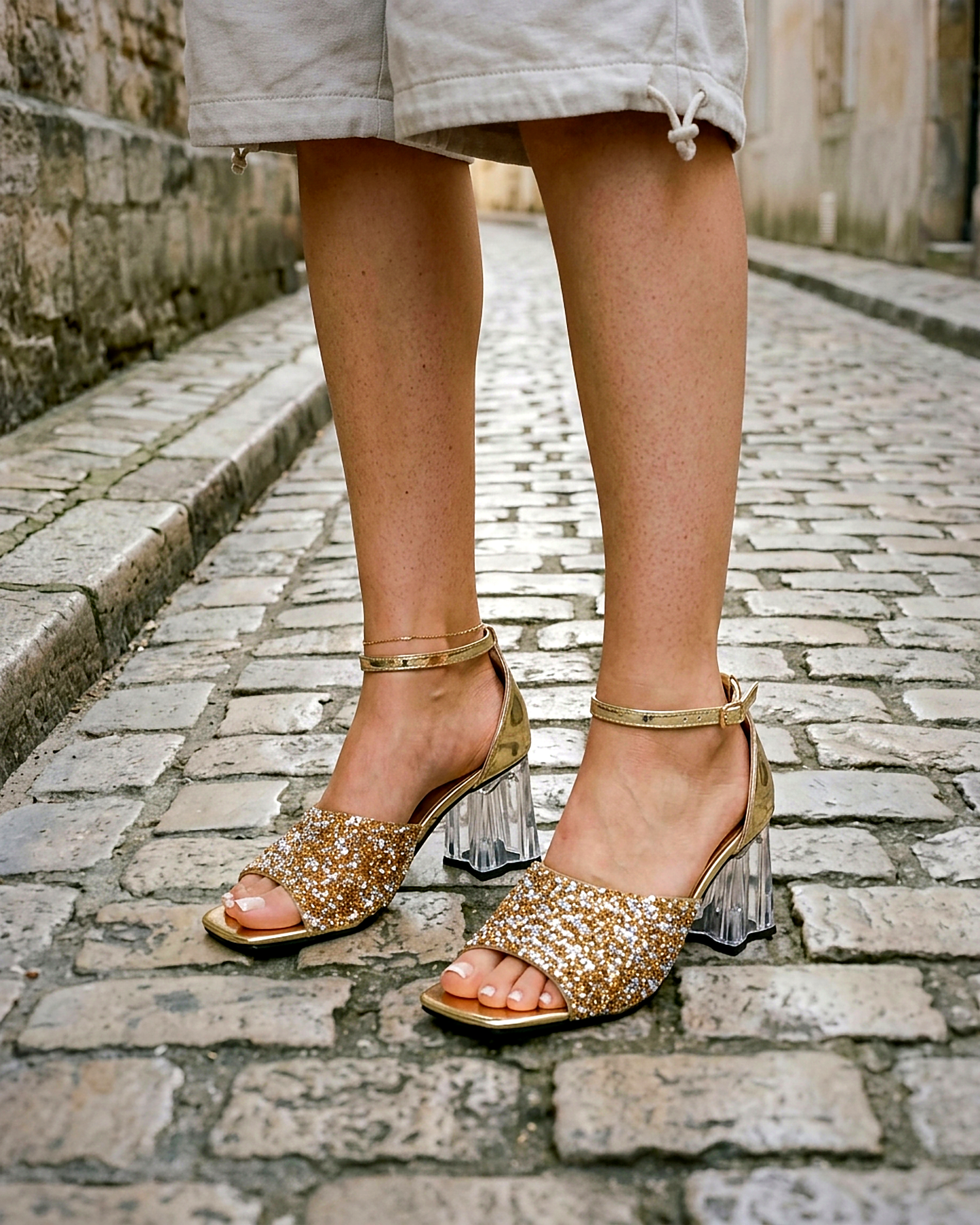 Hazel Sandals - Square-Toe Block-Heel in Gold - outdoor 2