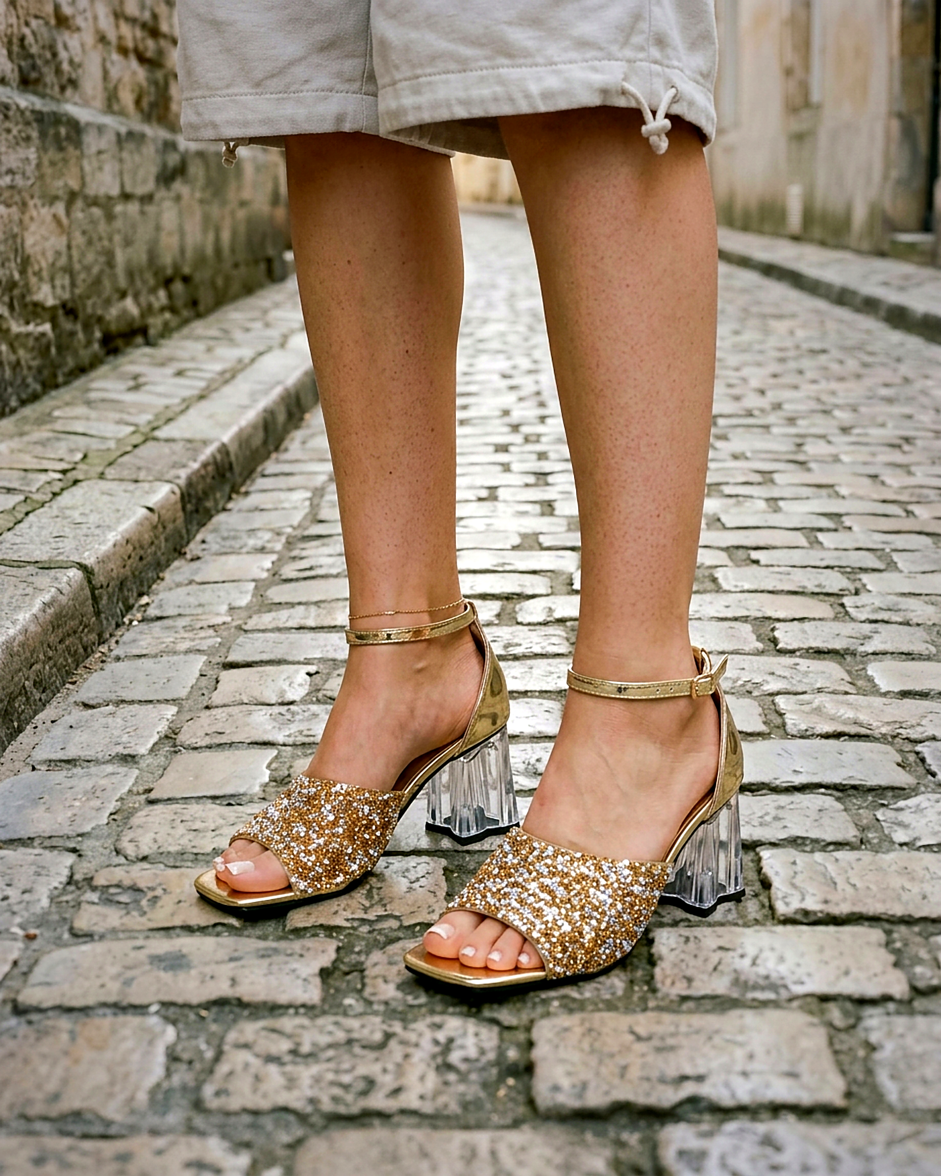Hazel Sandals - Square-Toe Block-Heel in Gold - outdoor 2