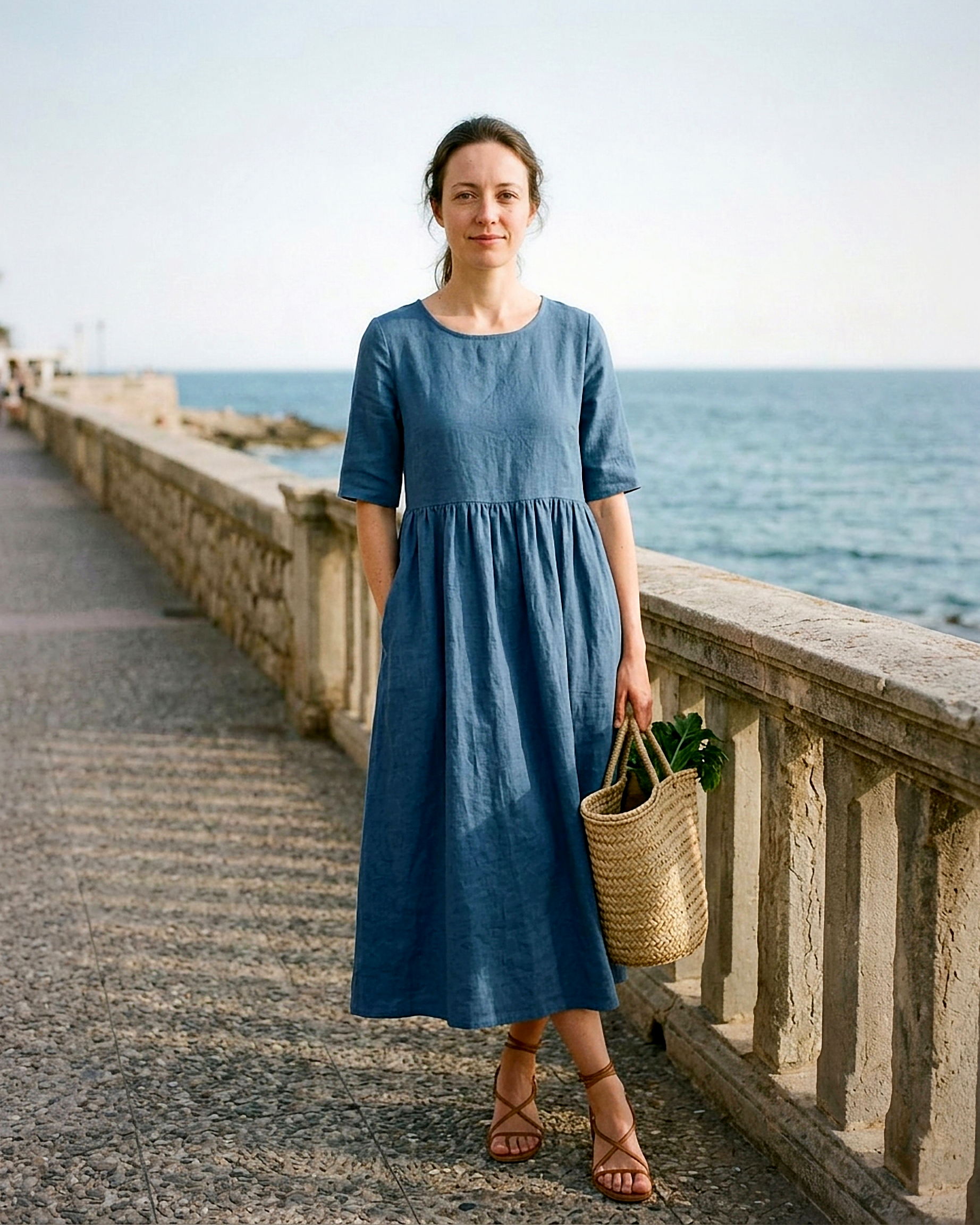 Odette Dress - Relaxed Linen in Blue - outdoor 2