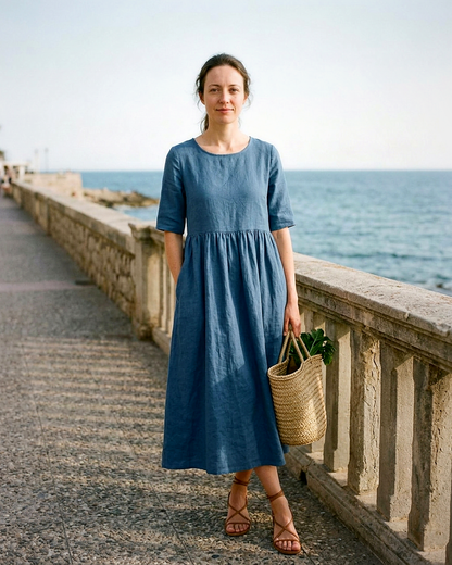 Odette Dress - Relaxed Linen in Blue - outdoor 2