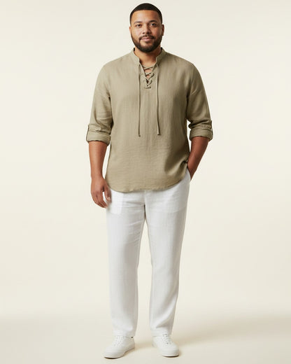 Nils Shirt - Linen in khaki - plus front