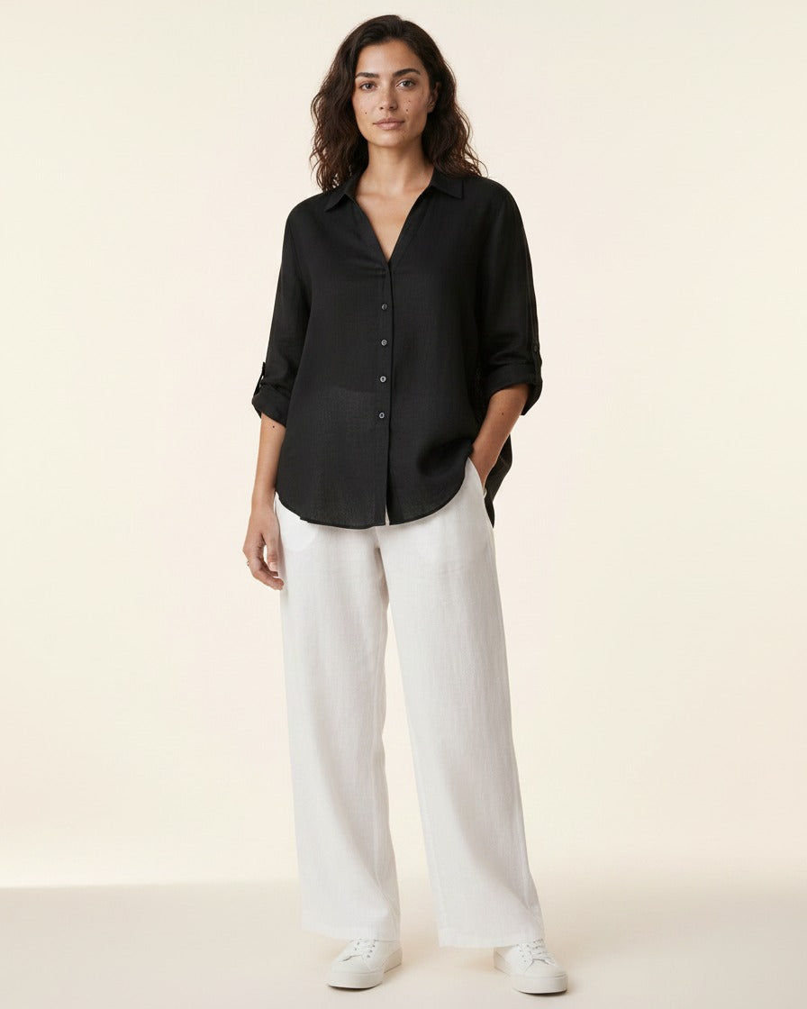 Lior Blouse - Relaxed Linen in Black - plus front