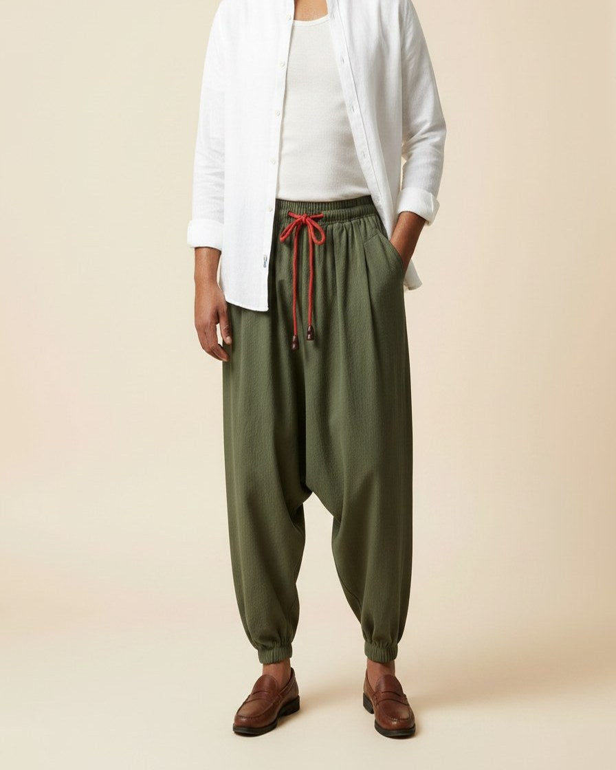 Jaan Trousers - Relaxed Wide-Leg Linen in Army Green - plus front