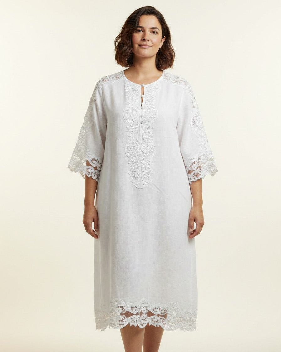 Mara Dress - Linen in White - plus front