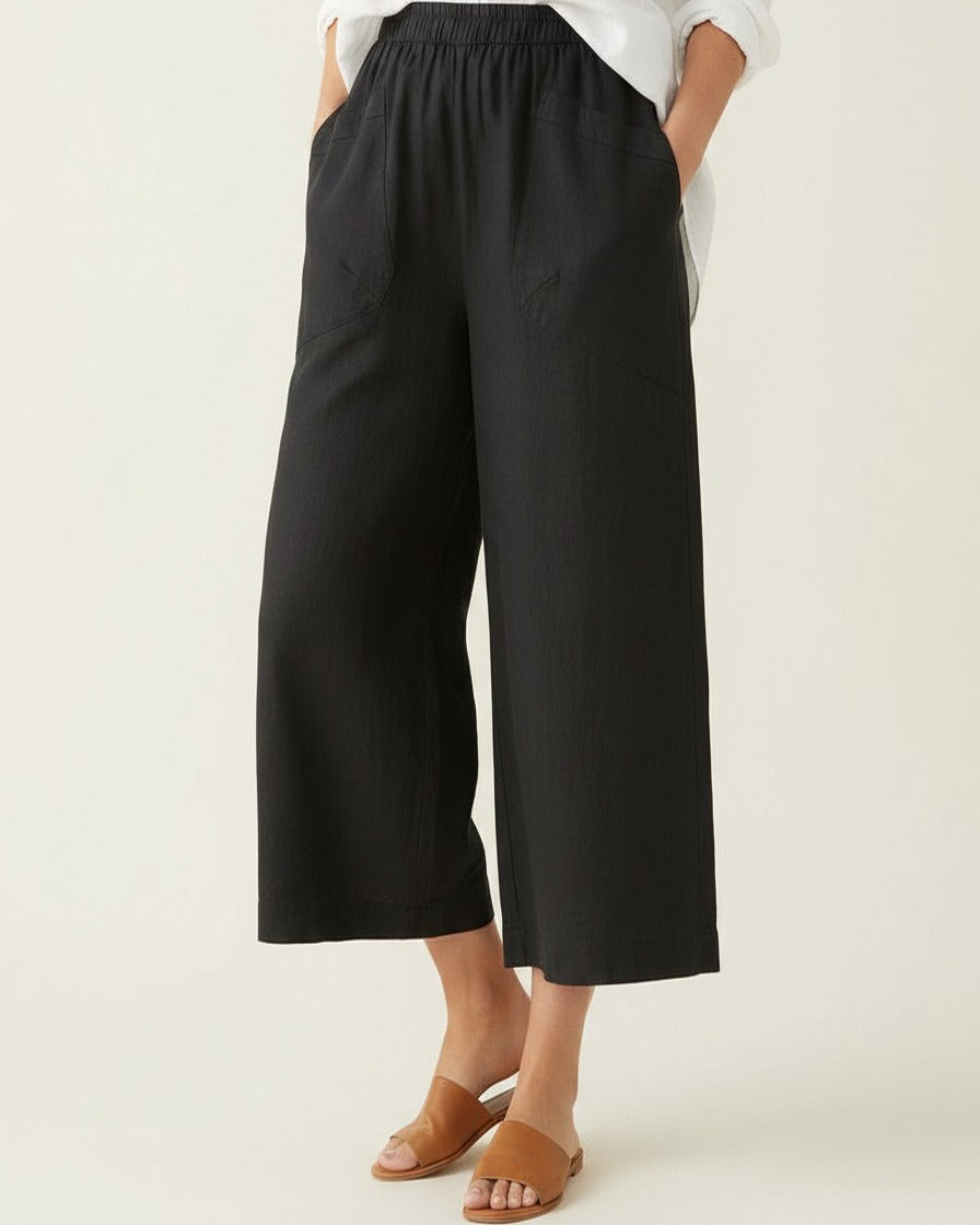 Uran Trousers - Relaxed Wide-Leg High-Waist Linen in Black - plus front