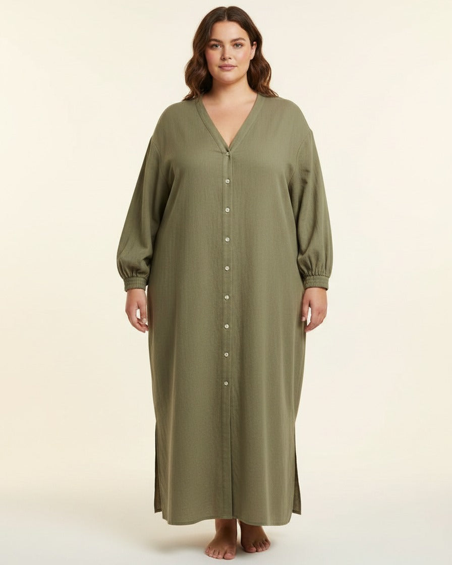 Tael Dress - Relaxed Linen in Khaki - plus front