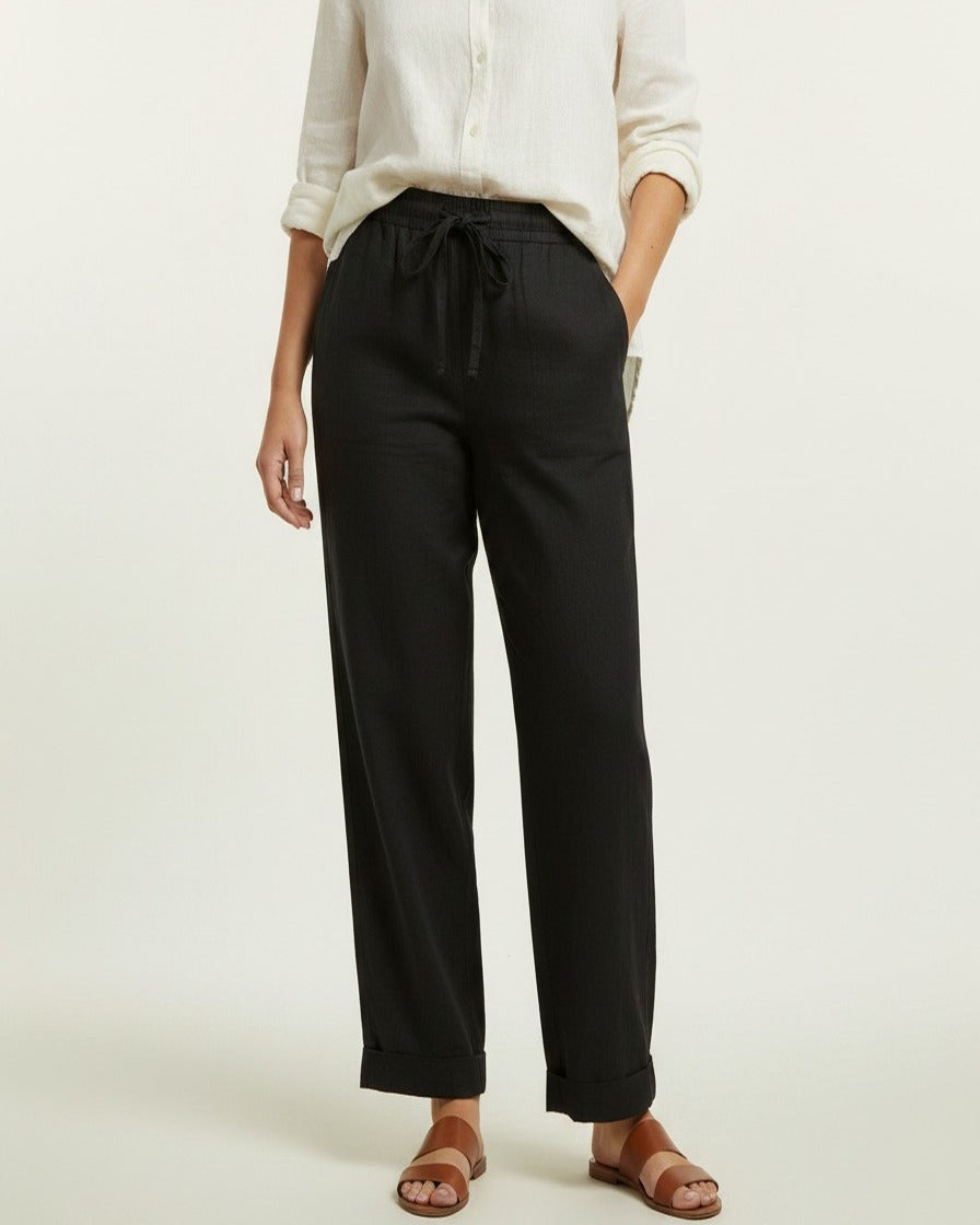 Naos Trousers - Relaxed Straight-Leg Linen in Black - plus front