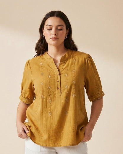 Roas Blouse - Stand-Collar Linen in YELLOW - plus front