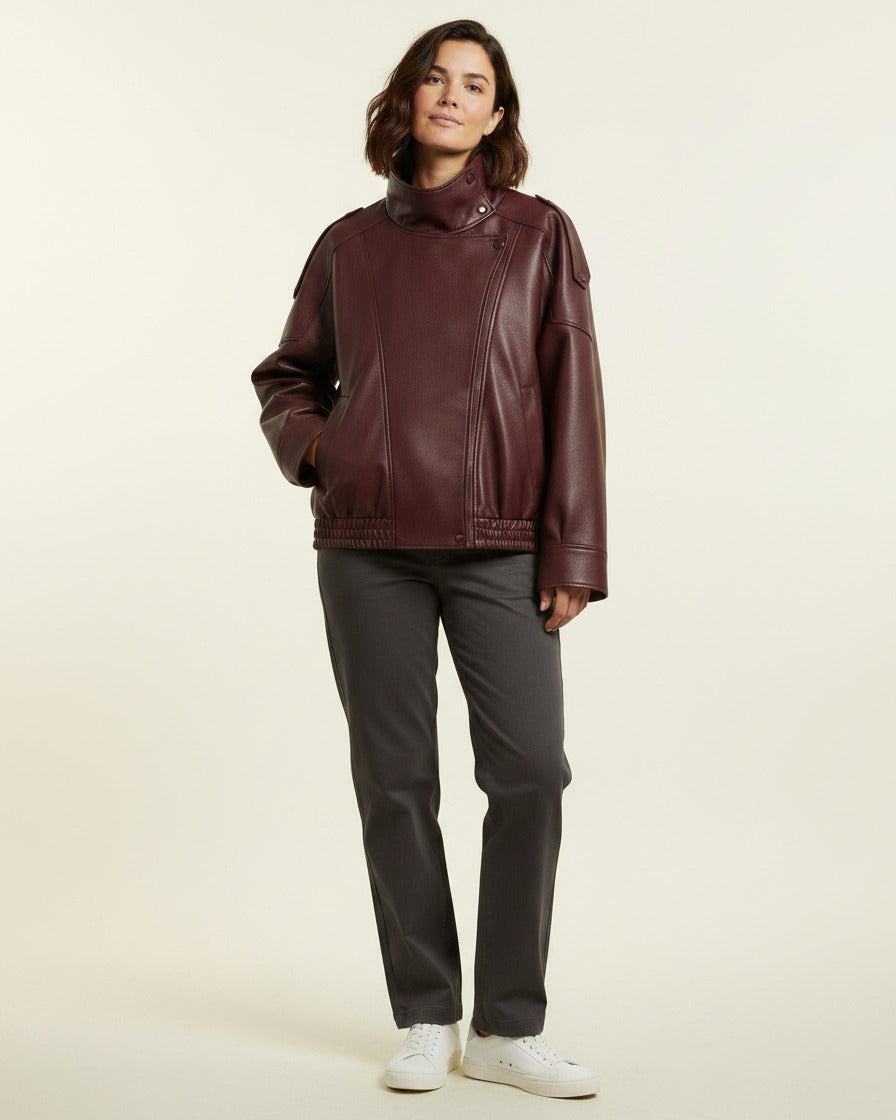 Wren Jacket - Relaxed Faux Leather in Burgundy - plus front