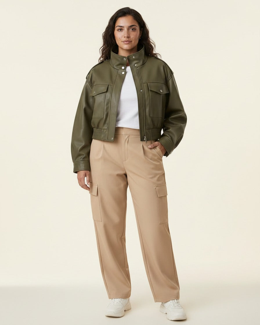 Ugo Jacket - Zip Faux Leather in Khaki - plus front