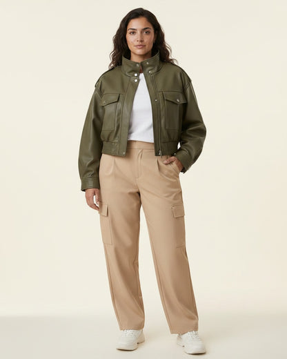 Ugo Jacket - Zip Faux Leather in Khaki - plus front