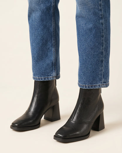 Sael Boots - Square-Toe Block-Heel Leather in Midnight - plus front
