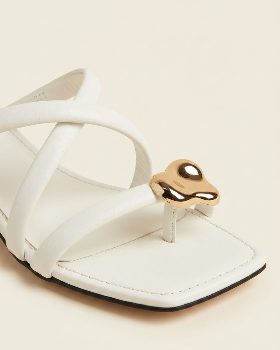 Lars Sandals - Square-Toe Block-Heel Leather in WHITE - profile detail